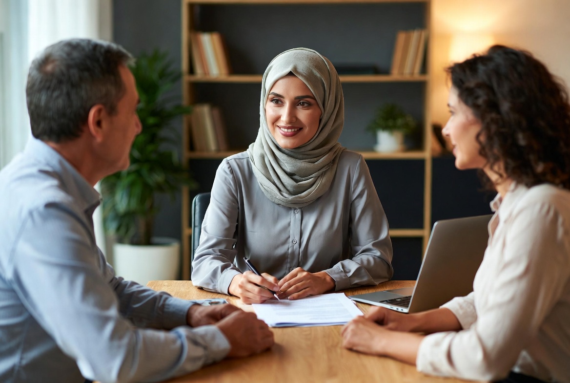 Hijabi advisor consulting with clients over documents